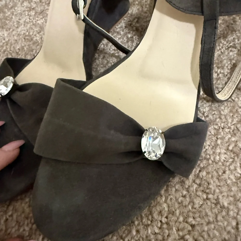 Matt Bernson Black Suede Crystal Bow Wedge Sandals | Size 37 | 3.5” Heel